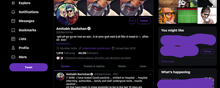 Bollywood actor Amitabh Bachchan tested positive with COVID19